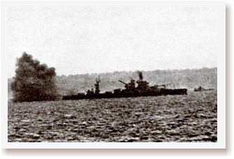 Battleship USS Arkansas covers the  American landings at Omaha Beach. (National Archives)