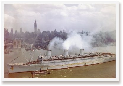 Cunard Line's RMS Queen Mary as she appeared in wartime color. (NHFS)